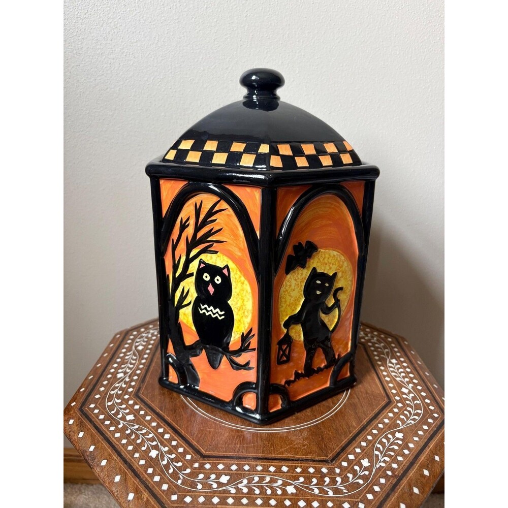 Vintage Spooky Hollow 11” Halloween Cookie Jar Witch Black Cat Owl Orange Black